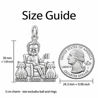 Cat Dad Armchair Ritual Charm Bracelet – Personalized Dad Gift – size guide, 3 cm charm next to a quarter