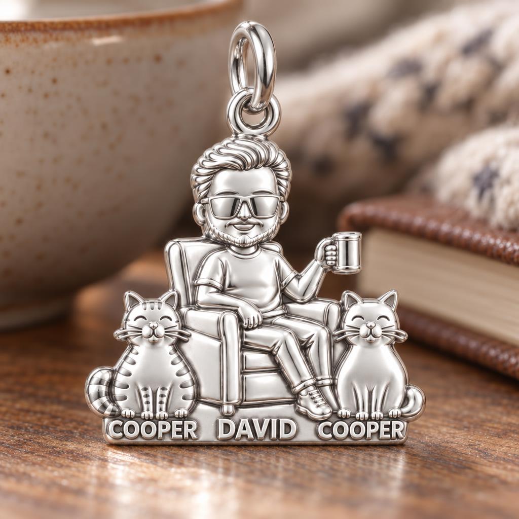 Cat Dad Armchair Ritual Charm Bracelet – Personalized Dad Gift – macro detail of the charm