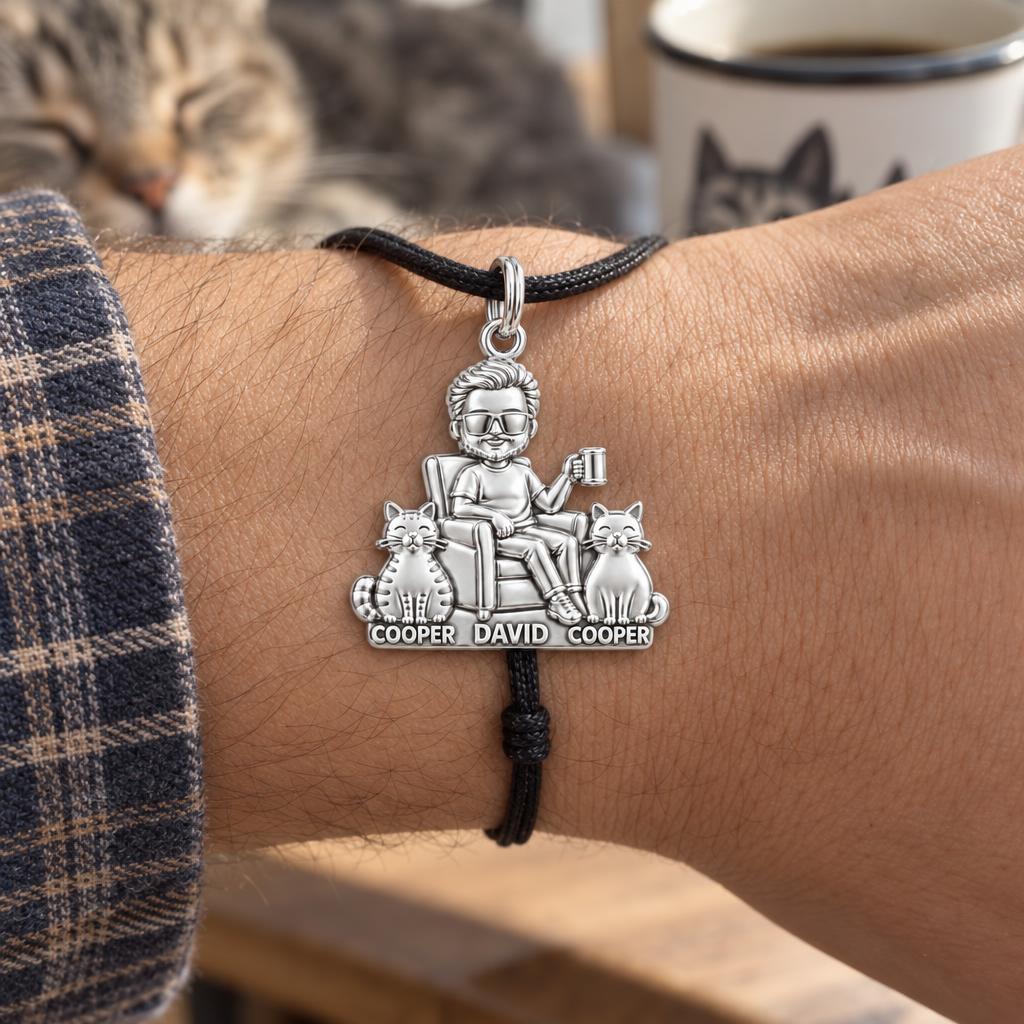 Cat Dad Armchair Ritual Charm Bracelet – Personalized Dad Gift – worn on the wrist on a black cord bracelet
