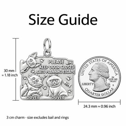 Cat Escape Artist Charm Bracelet – Personalized Cat Mom Gift – size guide, 3 cm charm next to a quarter