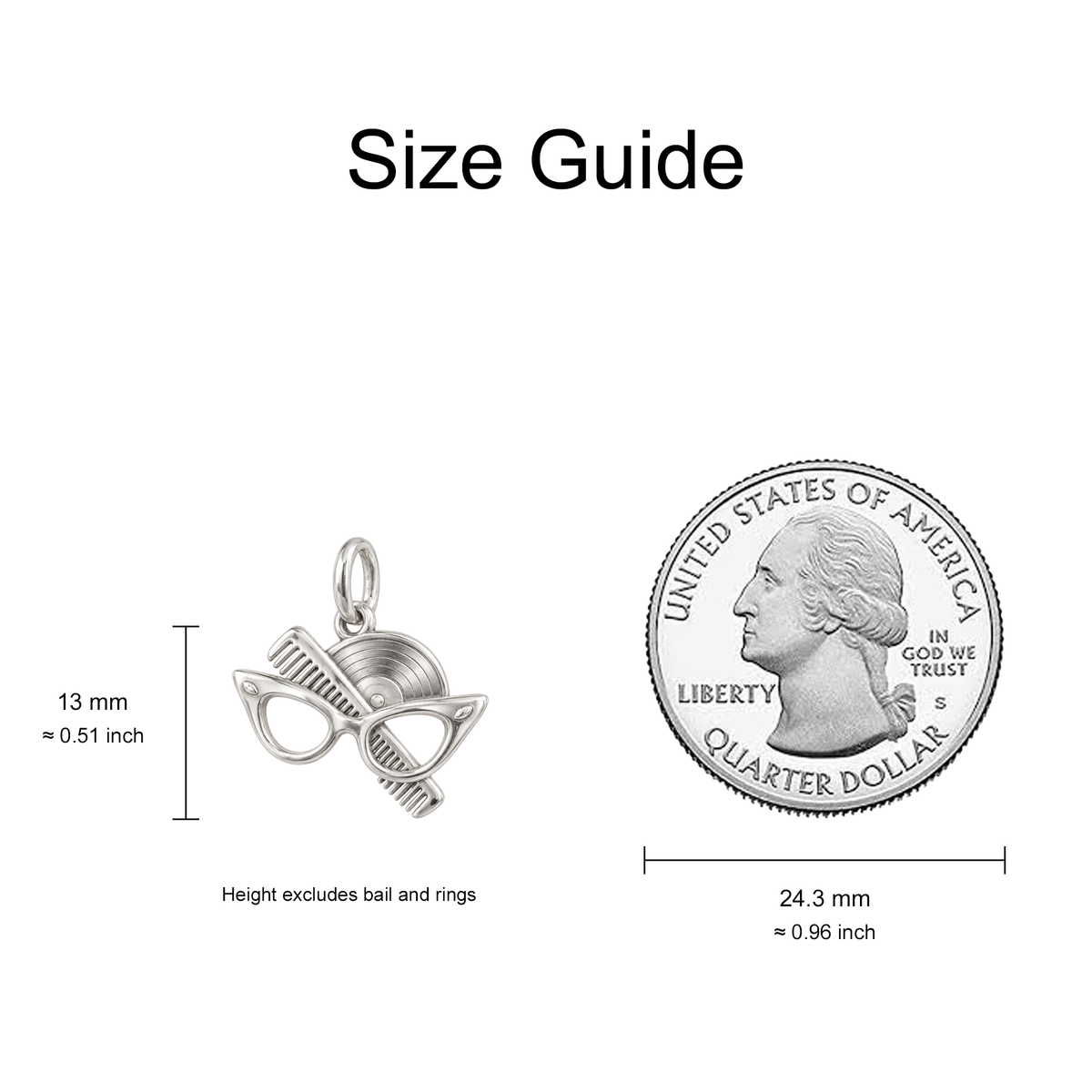 Cat-Eye Glasses and Comb Charm — Size Guide — 13 mm body excluding bail and rings — 50-works-silver-20260916-148