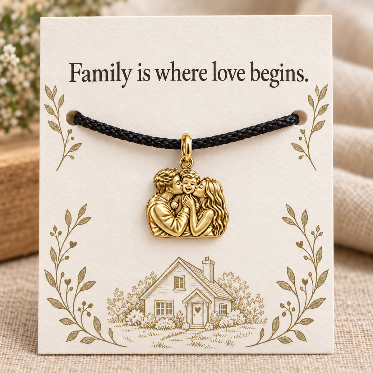 Family Is Where Love Begins Charm and Polyester Cord Bracelet Gift