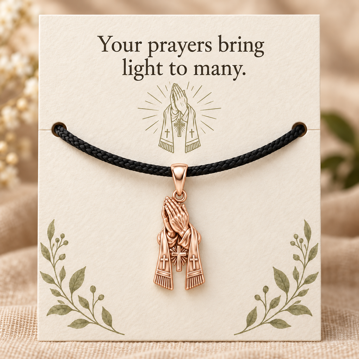 Praying Hands Stole Charm and Polyester Cord Bracelet Set Gift