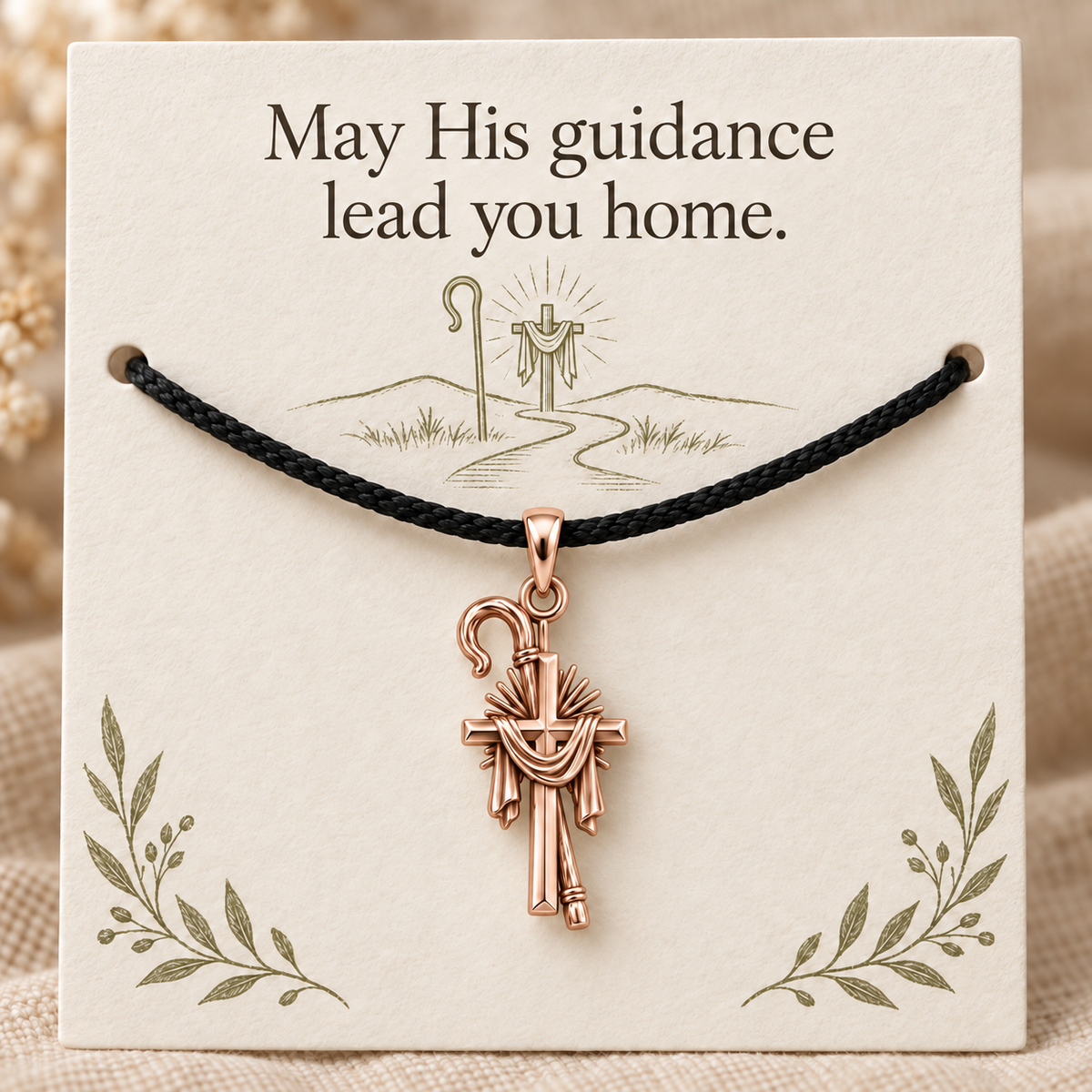 Shepherd Staff Cross Charm and Polyester Cord Bracelet Set Gift