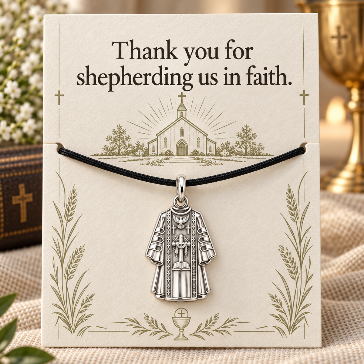 Thank You Father Priest Vestment Charm and Polyester Cord Bracelet Set Gift