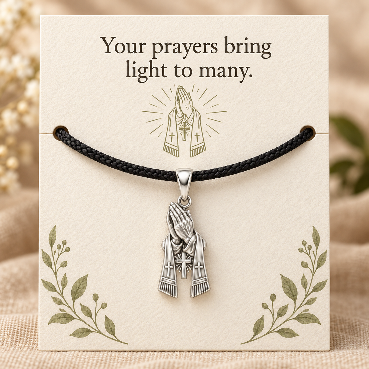 Praying Hands Stole Charm and Polyester Cord Bracelet Set Gift