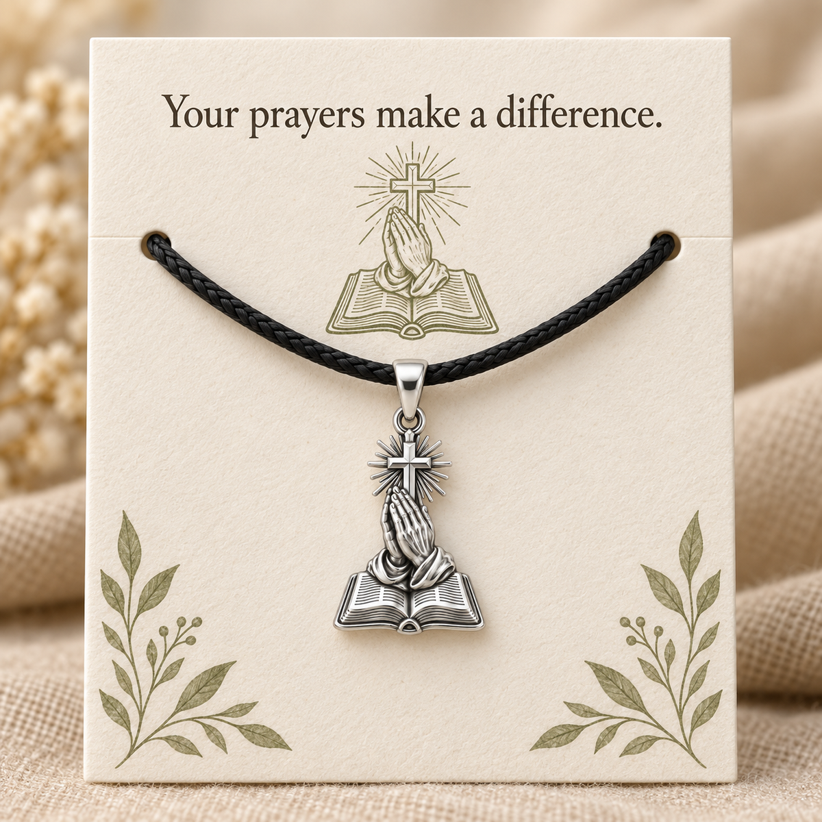 Praying Hands Bible Charm and Polyester Cord Bracelet Set Gift