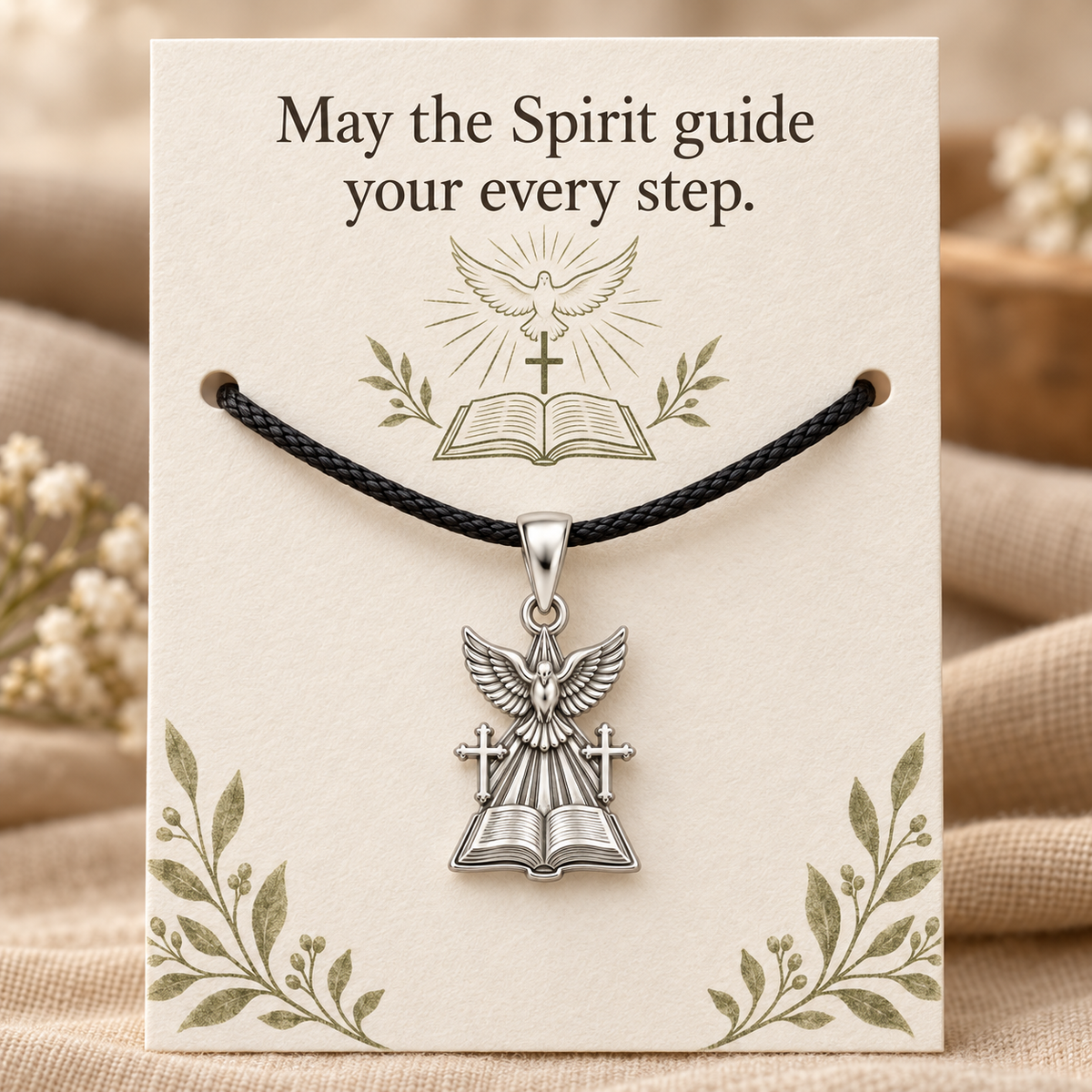 Holy Spirit Dove Bible Charm and Polyester Cord Bracelet Set Gift