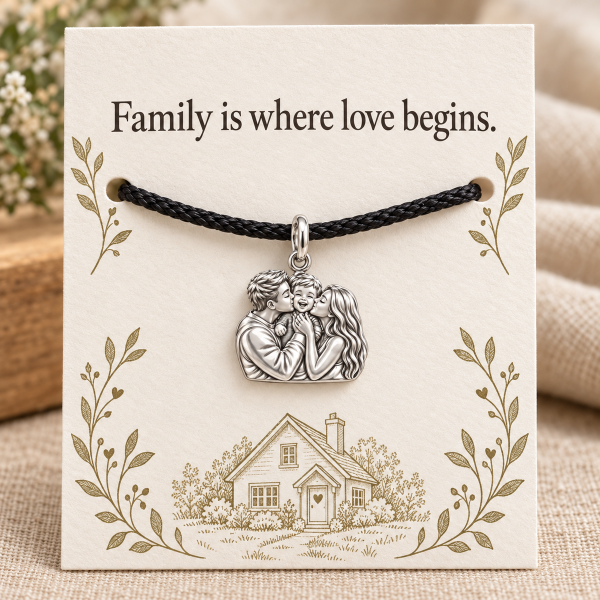 Family Is Where Love Begins Charm and Polyester Cord Bracelet Gift