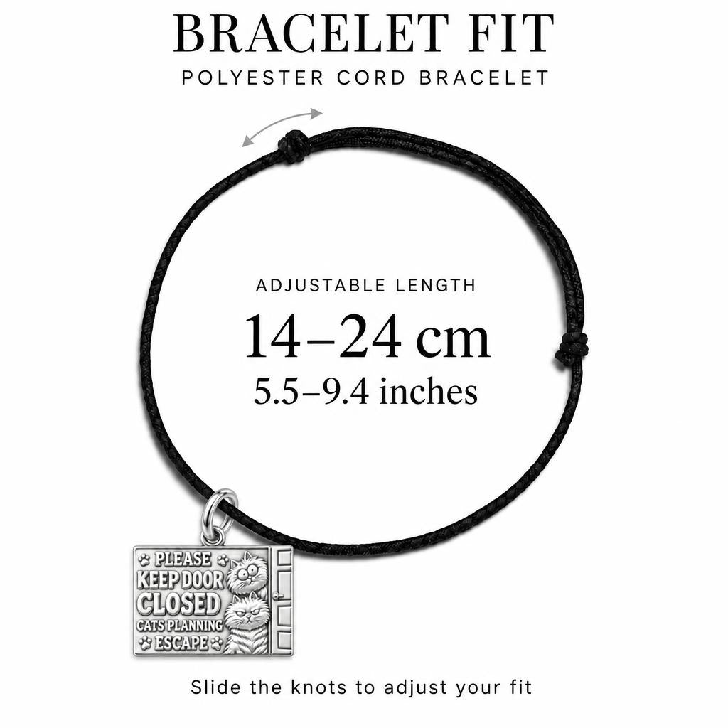 Cats Planning Escape Charm Bracelet – Personalized Cat Mom Gift – adjustable black cord bracelet, 14–24 cm