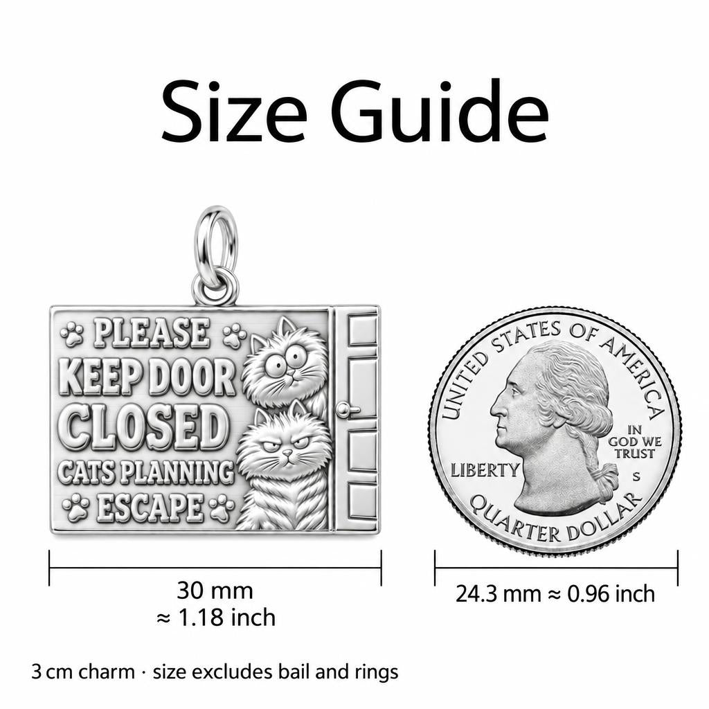 Cats Planning Escape Charm Bracelet – Personalized Cat Mom Gift – size guide, 3 cm charm next to a quarter