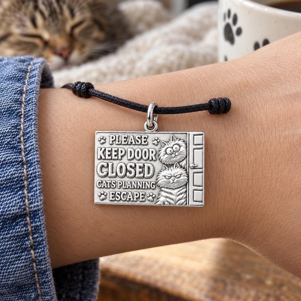 Cats Planning Escape Charm Bracelet – Personalized Cat Mom Gift – worn on the wrist on a black cord bracelet