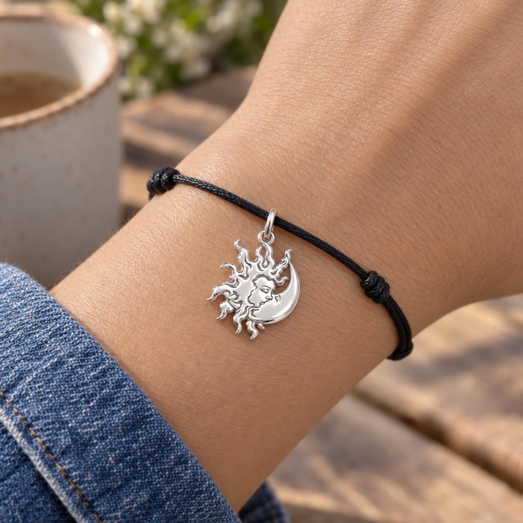Celestial Eternal Bond Charm Bracelet – Personalized Mom Gift – worn on the wrist on a black cord bracelet