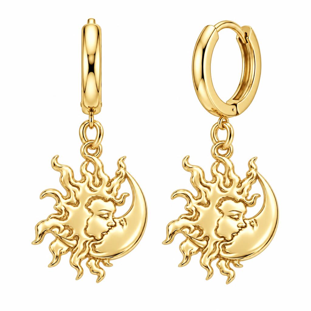 Celestial Eternal Bond Huggie Charm Earrings – 18K gold, front view
