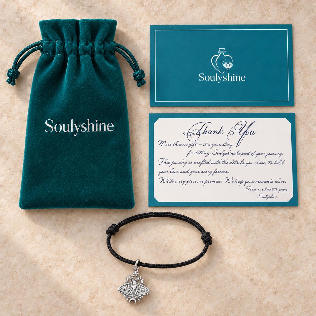 Celestial Luna Moth Charm Bracelet – Personalized Daughter Gift – Soulyshine velvet pouch and gift card