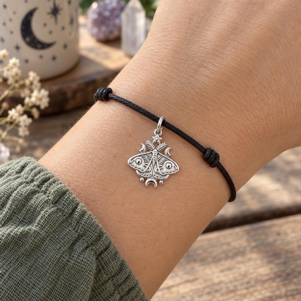 Celestial Luna Moth Charm Bracelet – Personalized Daughter Gift – worn on the wrist on a black cord bracelet