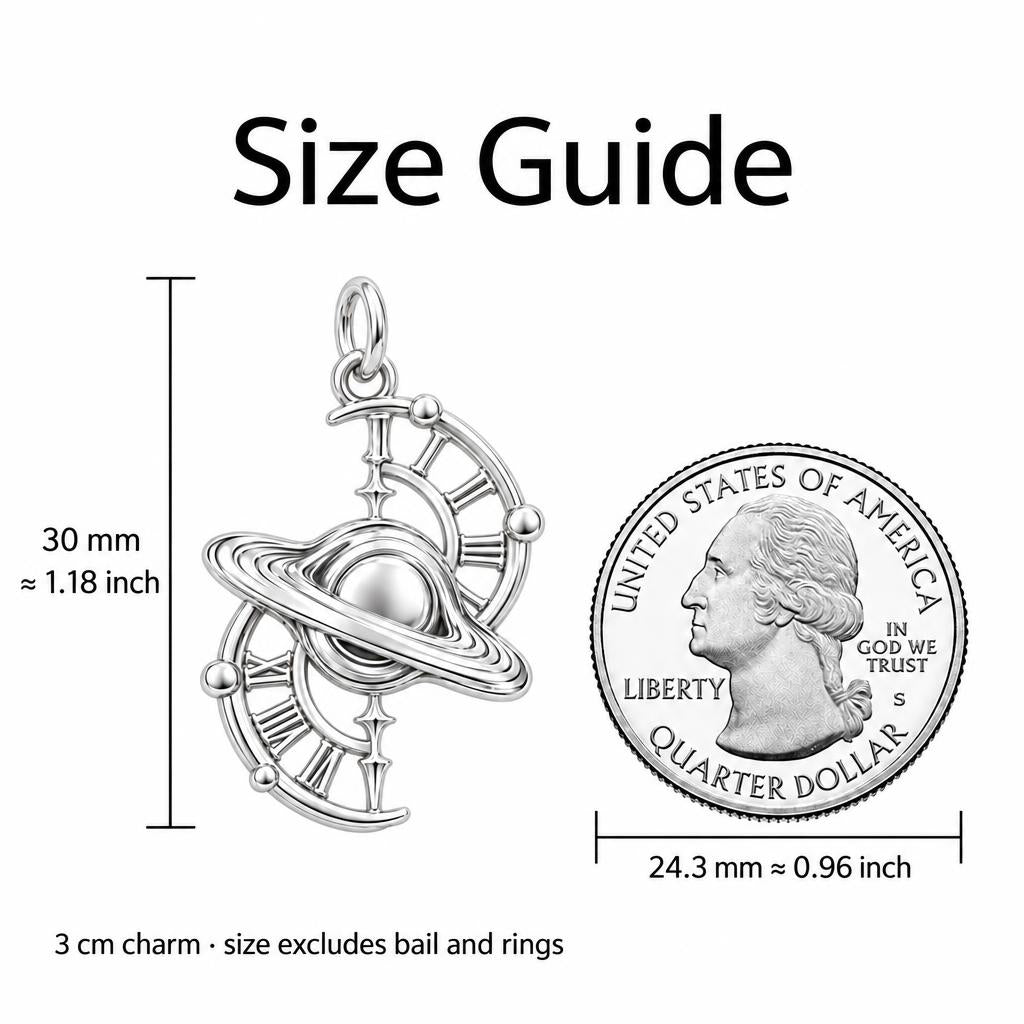 Celestial Time Saturn Charm Bracelet – Personalized Dreamer Gift – size guide, 3 cm charm next to a quarter