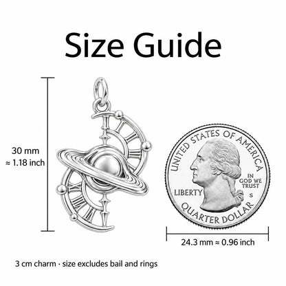 Celestial Time Saturn Charm Bracelet – Personalized Dreamer Gift – size guide, 3 cm charm next to a quarter