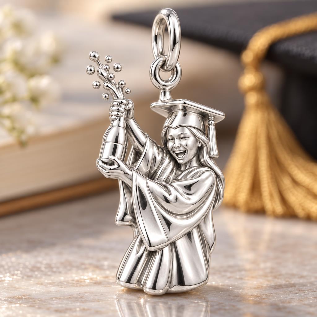 Champagne Celebration Graduate Charm Bracelet – Personalized Mom Gift – macro detail of the charm