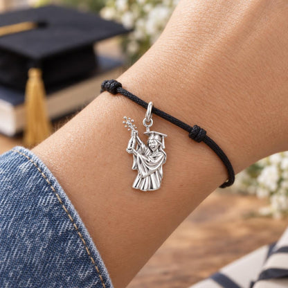Champagne Celebration Graduate Charm Bracelet – Personalized Mom Gift – worn on the wrist on a black cord bracelet