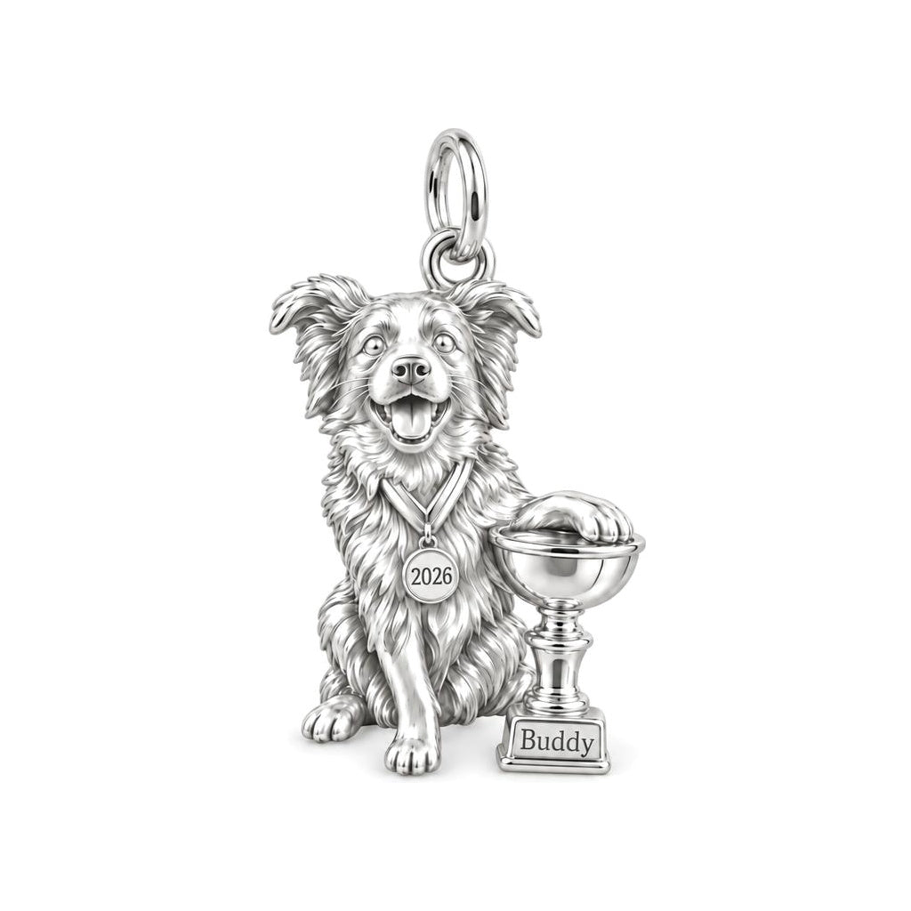 Champion Pup Trophy Charm Bracelet – Personalized Dog Mom Gift – silver charm, front view