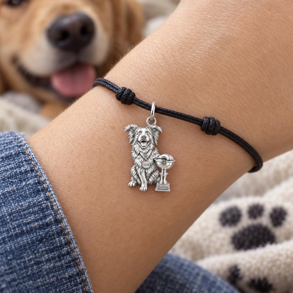 Champion Pup Trophy Charm Bracelet – Personalized Dog Mom Gift – worn on the wrist on a black cord bracelet