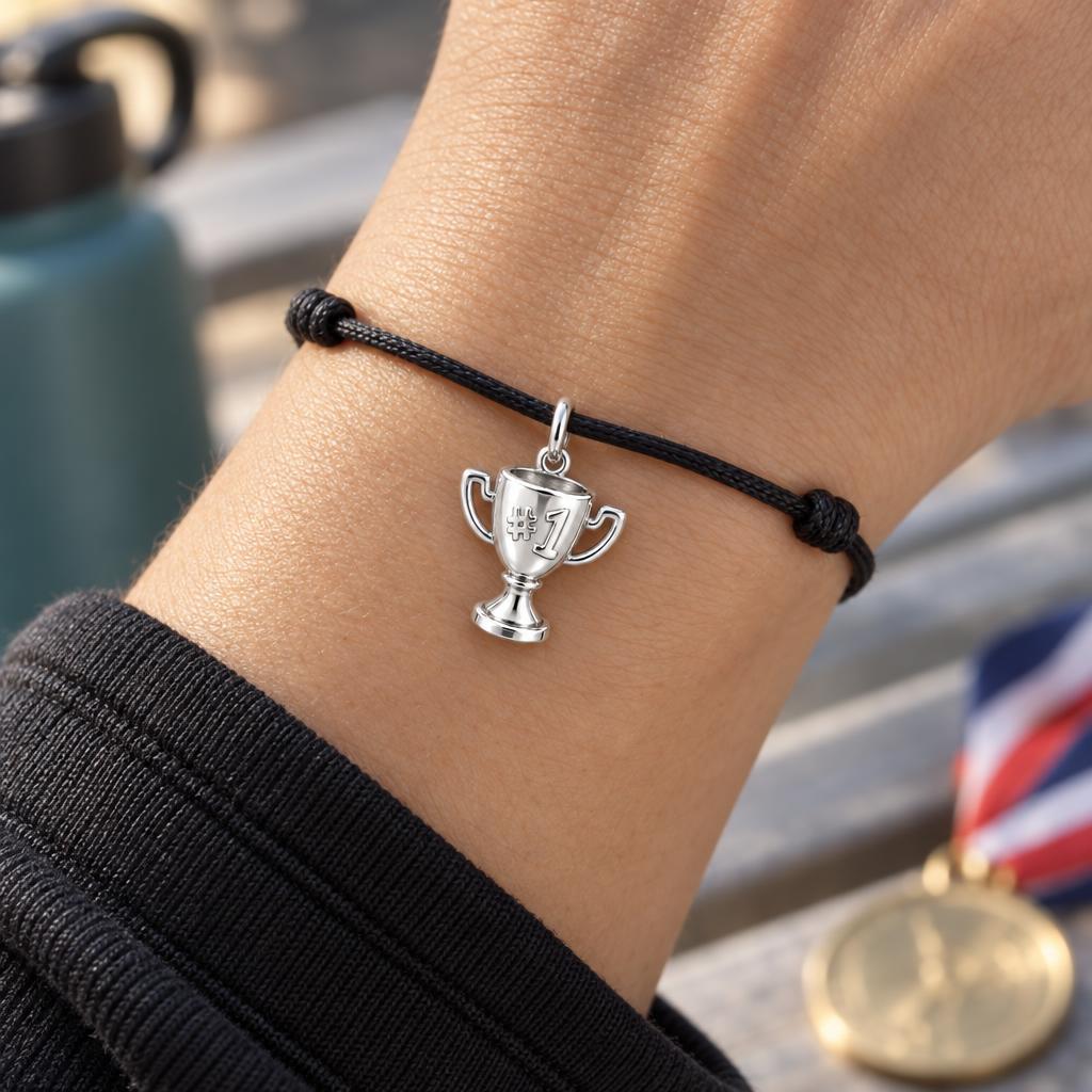 Champion Trophy Charm Bracelet – Personalized Mom Gift – worn on the wrist on a black cord bracelet