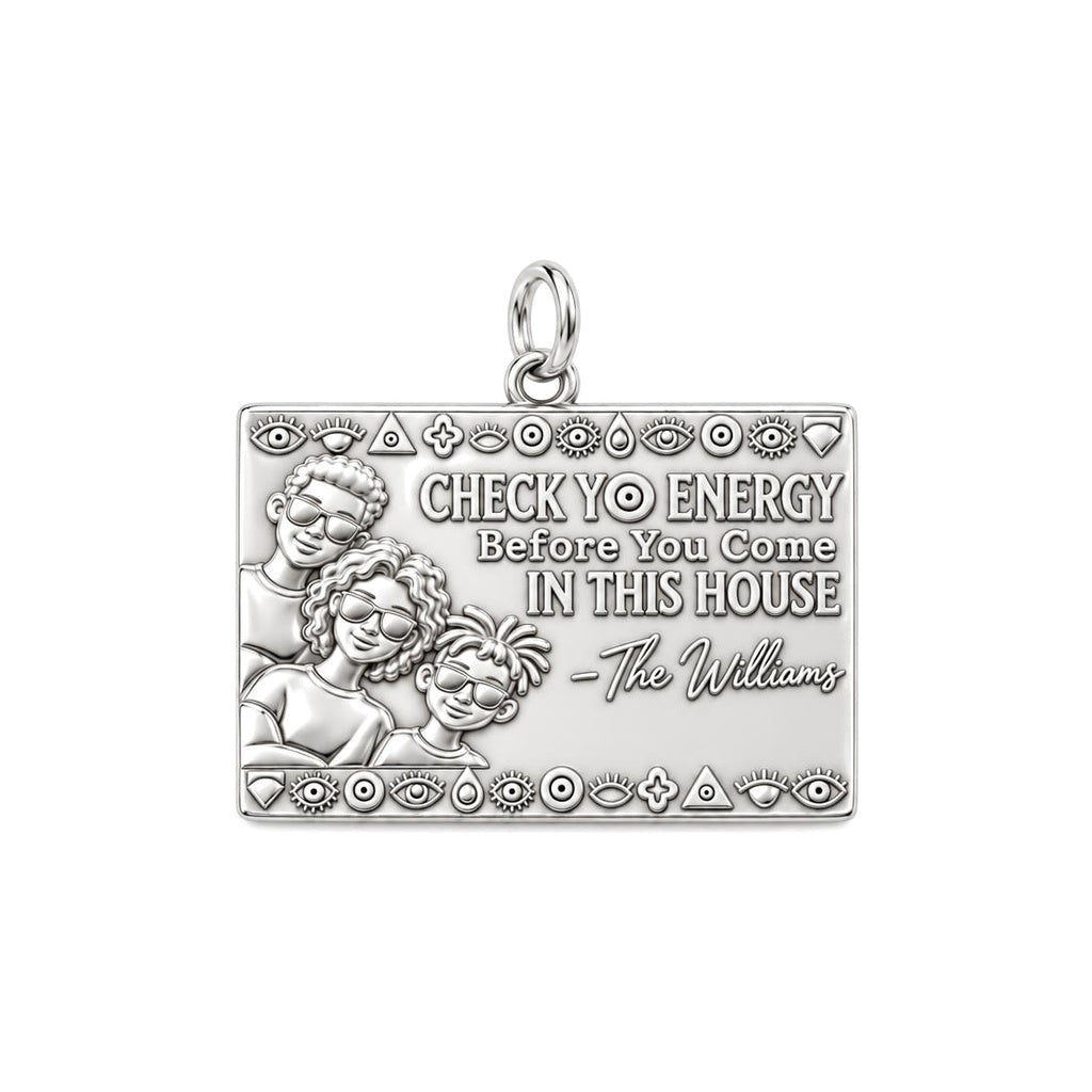 Check Yo Energy Charm Bracelet – Personalized Family Gift – silver plated 3 cm charm, front view