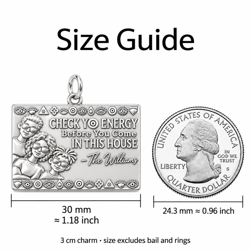 Check Yo Energy Charm Bracelet – Personalized Family Gift – size guide, 3 cm charm next to a quarter