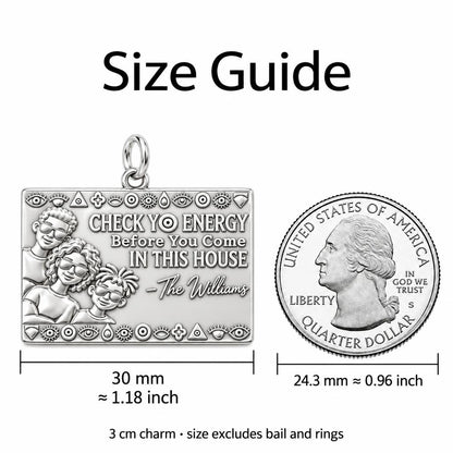 Check Yo Energy Charm Bracelet – Personalized Family Gift – size guide, 3 cm charm next to a quarter