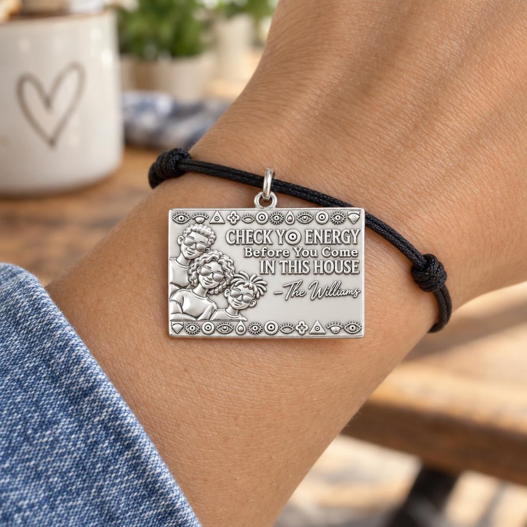 Check Yo Energy Charm Bracelet – Personalized Family Gift – worn on the wrist on a black cord bracelet