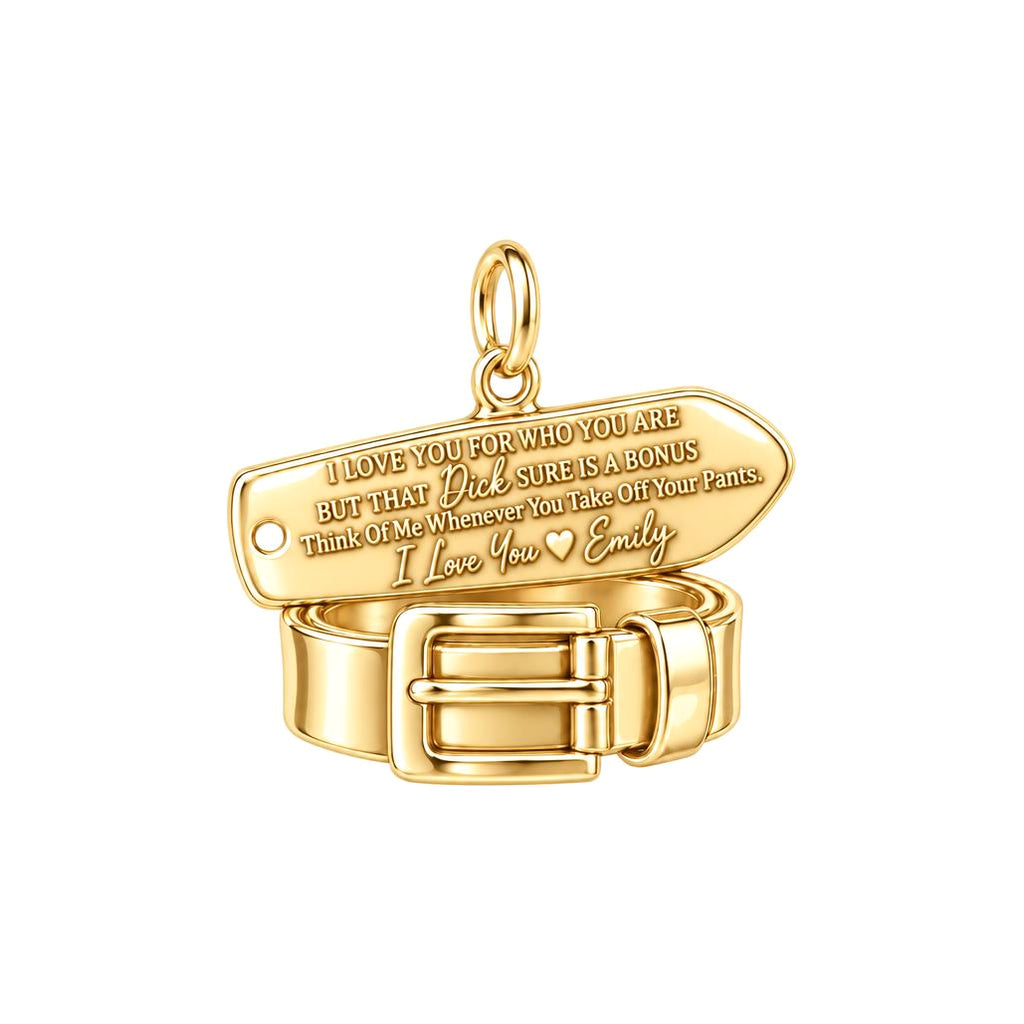 Cheeky Belt and Tag Charm Bracelet – Personalized Couple Gift – 18K gold plated 3 cm charm, front view