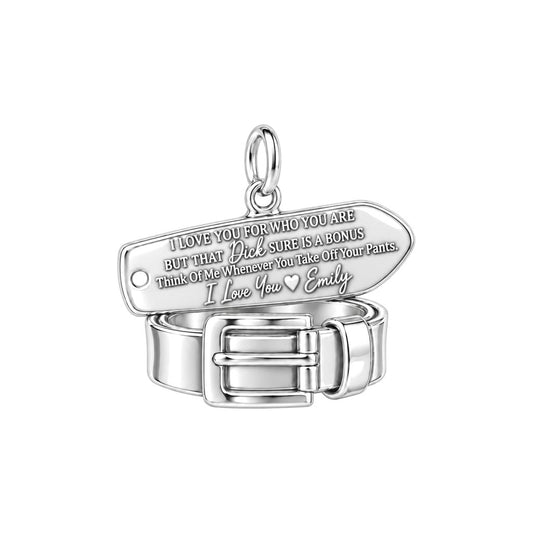 Cheeky Belt and Tag Charm Bracelet – Personalized Couple Gift – silver plated 2 cm charm, front view