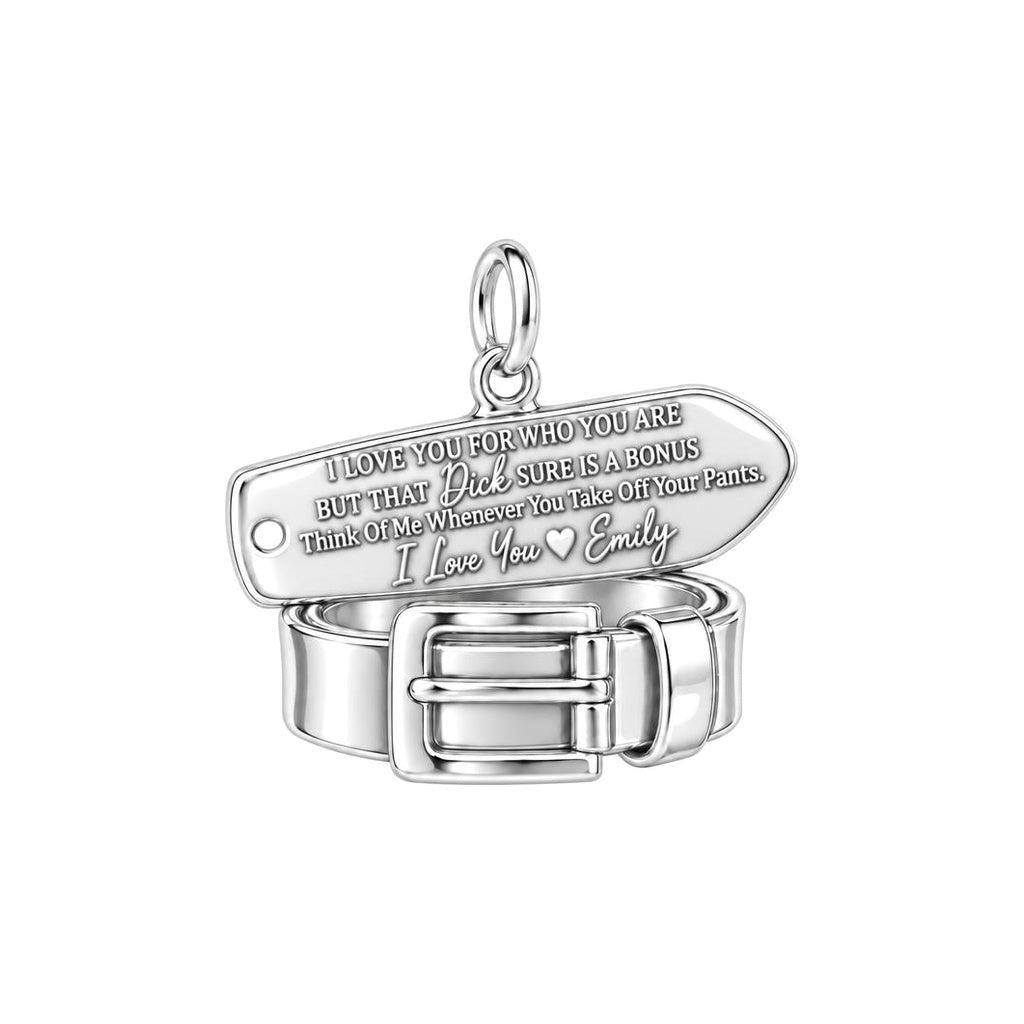 Cheeky Belt and Tag Charm Bracelet – Personalized Couple Gift – silver plated 3 cm charm, front view