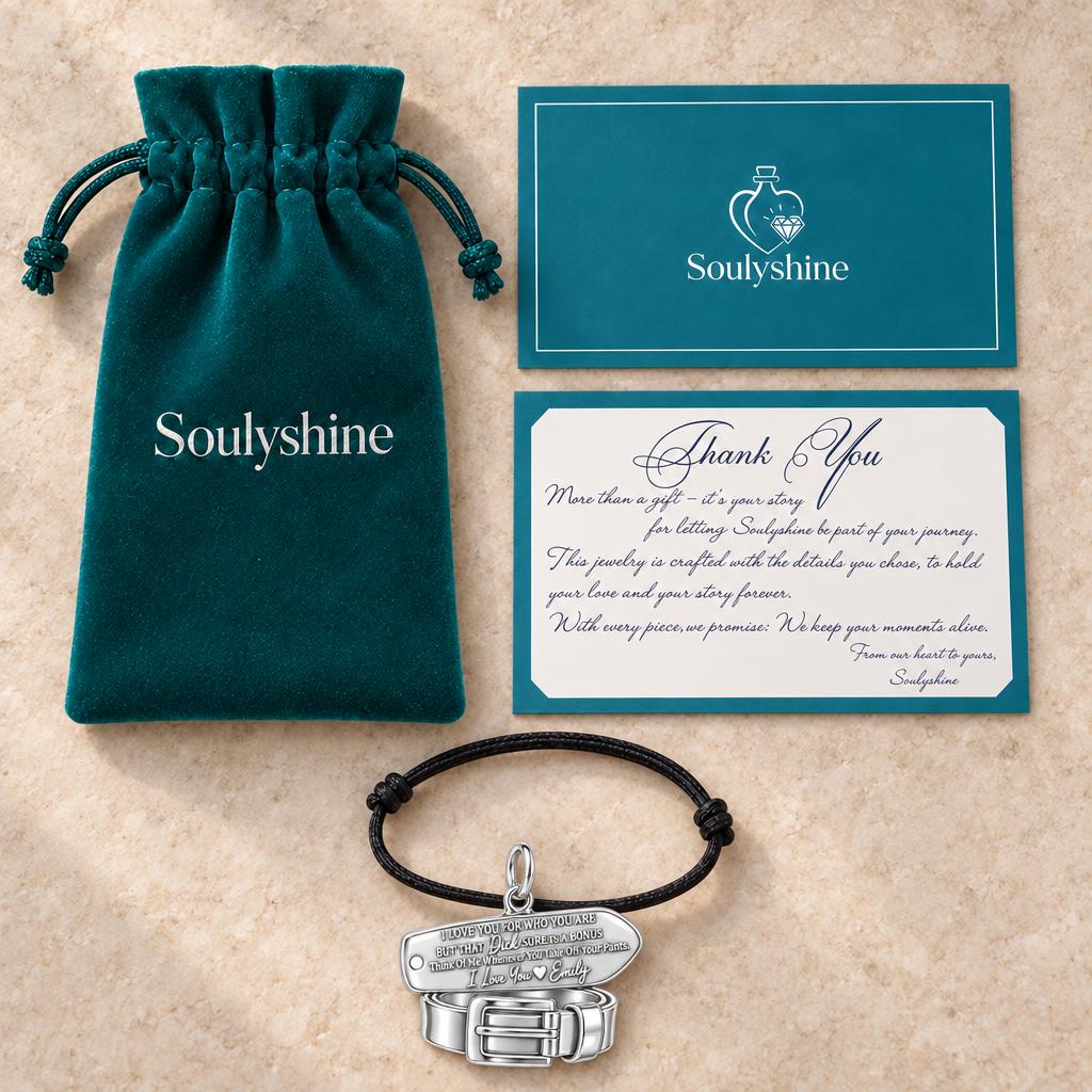 Cheeky Belt and Tag Charm Bracelet – Personalized Couple Gift – Soulyshine velvet pouch and gift card