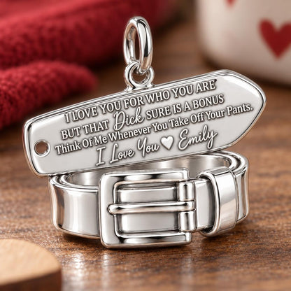 Cheeky Belt and Tag Charm Bracelet – Personalized Couple Gift – macro detail of the charm