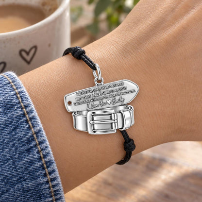 Cheeky Belt and Tag Charm Bracelet – Personalized Couple Gift – worn on the wrist on a black cord bracelet