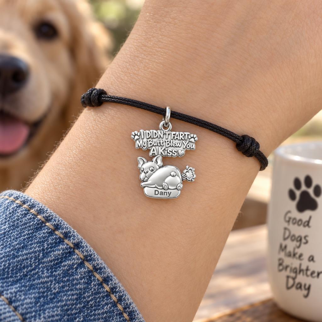 Cheeky Puppy Kiss Charm Bracelet – Personalized Dog Mom Gift – worn on the wrist on a black cord bracelet