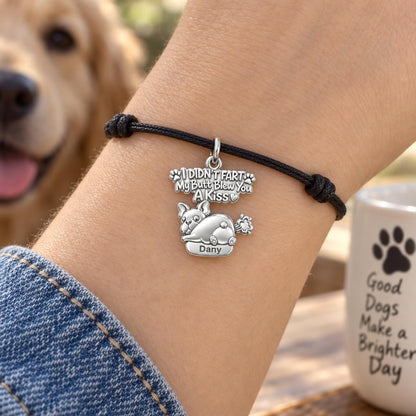 Cheeky Puppy Kiss Charm Bracelet – Personalized Dog Mom Gift – worn on the wrist on a black cord bracelet