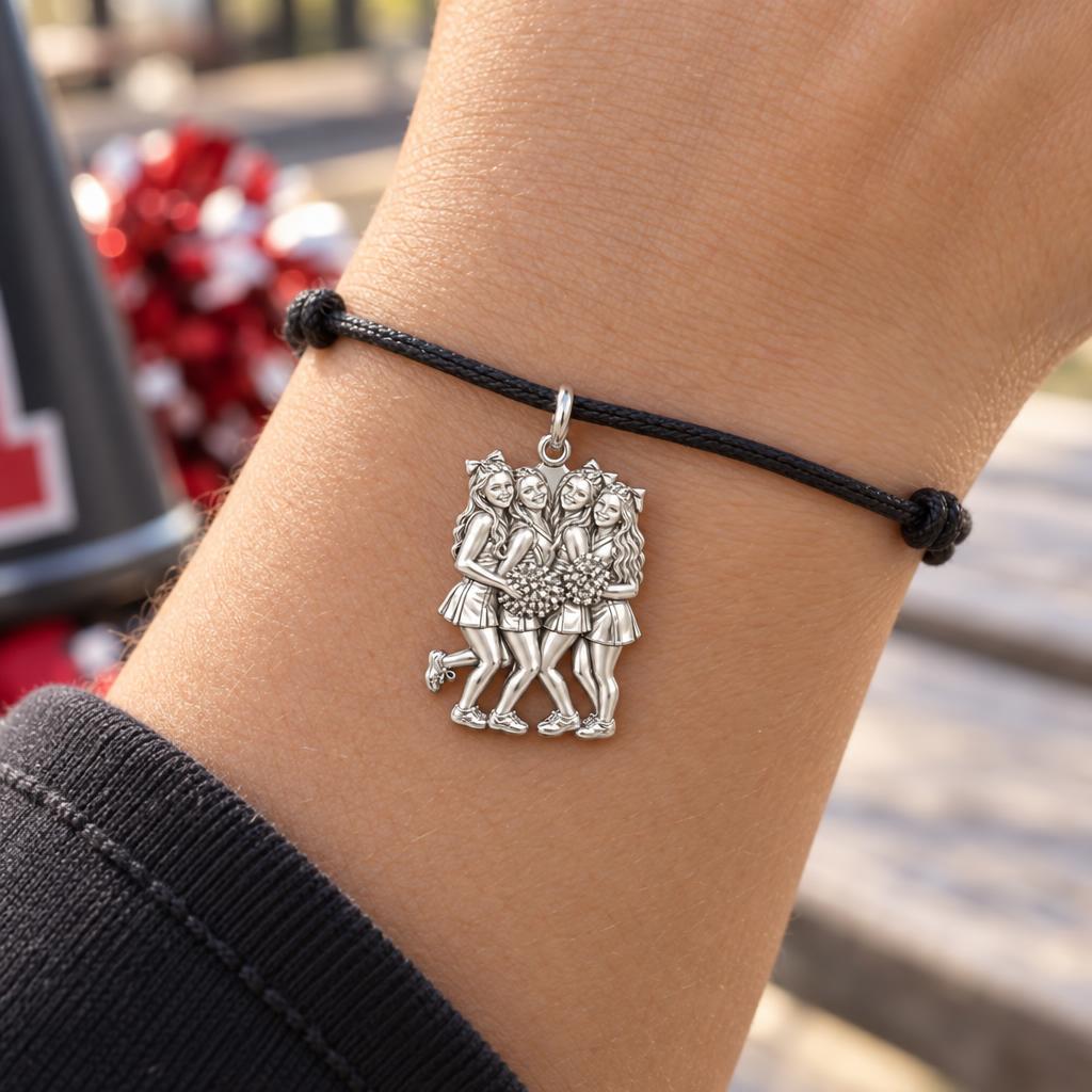 Cheer Squad Spirit Charm Bracelet – Personalized Cheer Mom Gift – worn on the wrist on a black cord bracelet