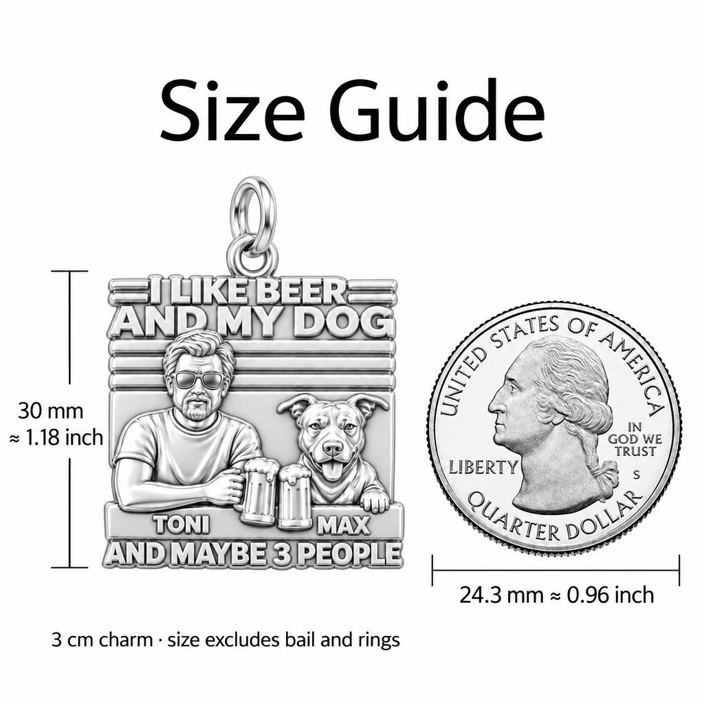 Cheers and Best Friends Charm Bracelet – Personalized Dog Dad Gift – size guide, 3 cm charm next to a quarter