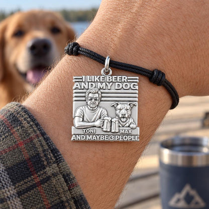 Cheers and Best Friends Charm Bracelet – Personalized Dog Dad Gift – worn on the wrist on a black cord bracelet