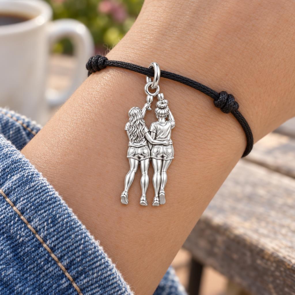Cheers to Friendship Charm Bracelet – Personalized Bestie Gift – worn on the wrist on a black cord bracelet