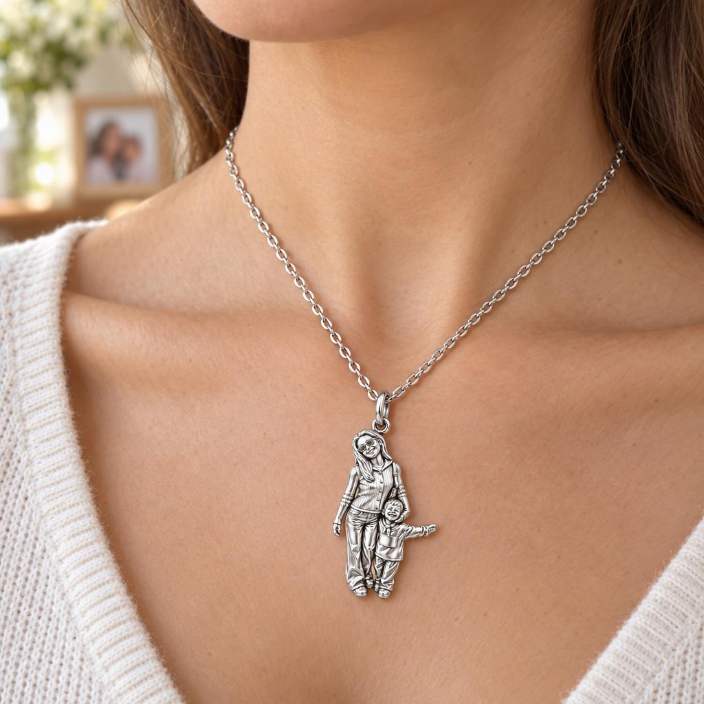 Cherished Moments Photo Sculpt Charm Necklace Set – worn / in use
