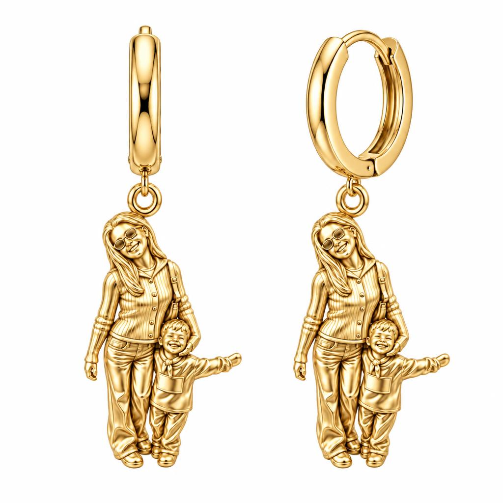 Cherished Moments Photo Sculpt Huggie Charm Earrings – 18K gold, front view