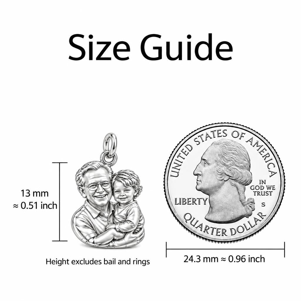 Cherished Portrait Duo Charm Bracelet Set – size guide, 13 mm charm next to a quarter