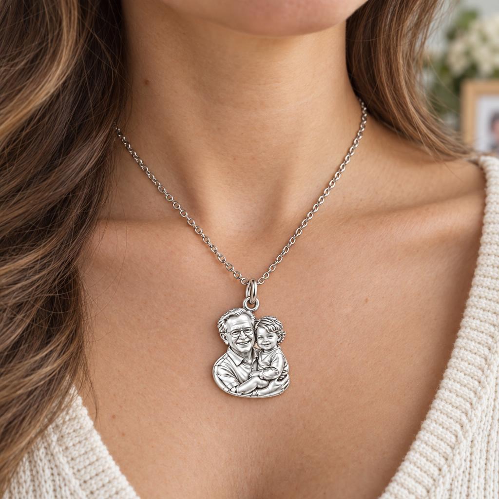 Cherished Portrait Duo Charm Necklace Set – worn / in use