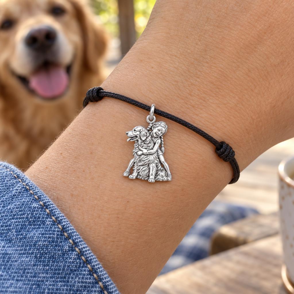 Child and Golden Best Friend Charm Bracelet – Personalized Mom Gift – worn on the wrist on a black cord bracelet