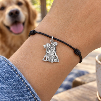 Child and Golden Best Friend Charm Bracelet – Personalized Mom Gift – worn on the wrist on a black cord bracelet