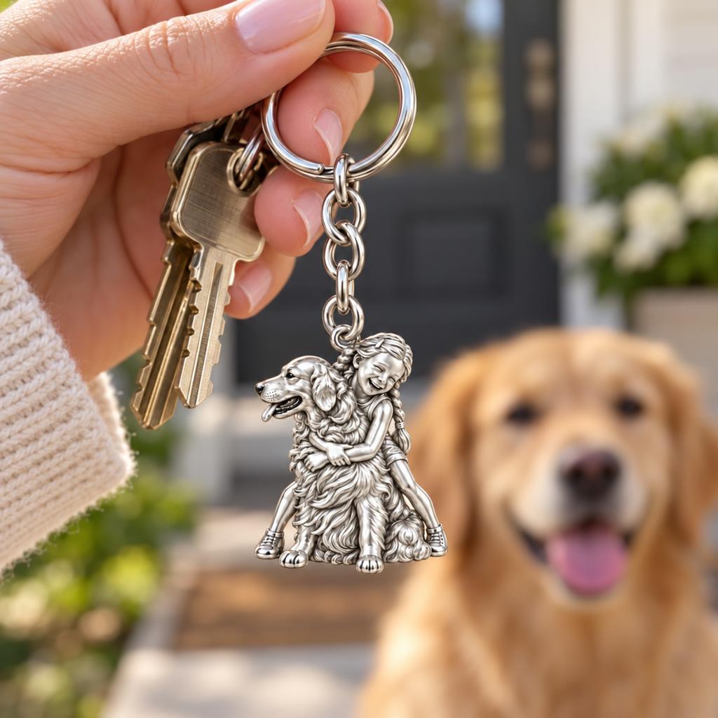 Child and Golden Best Friend Charm Keychain – worn / in use